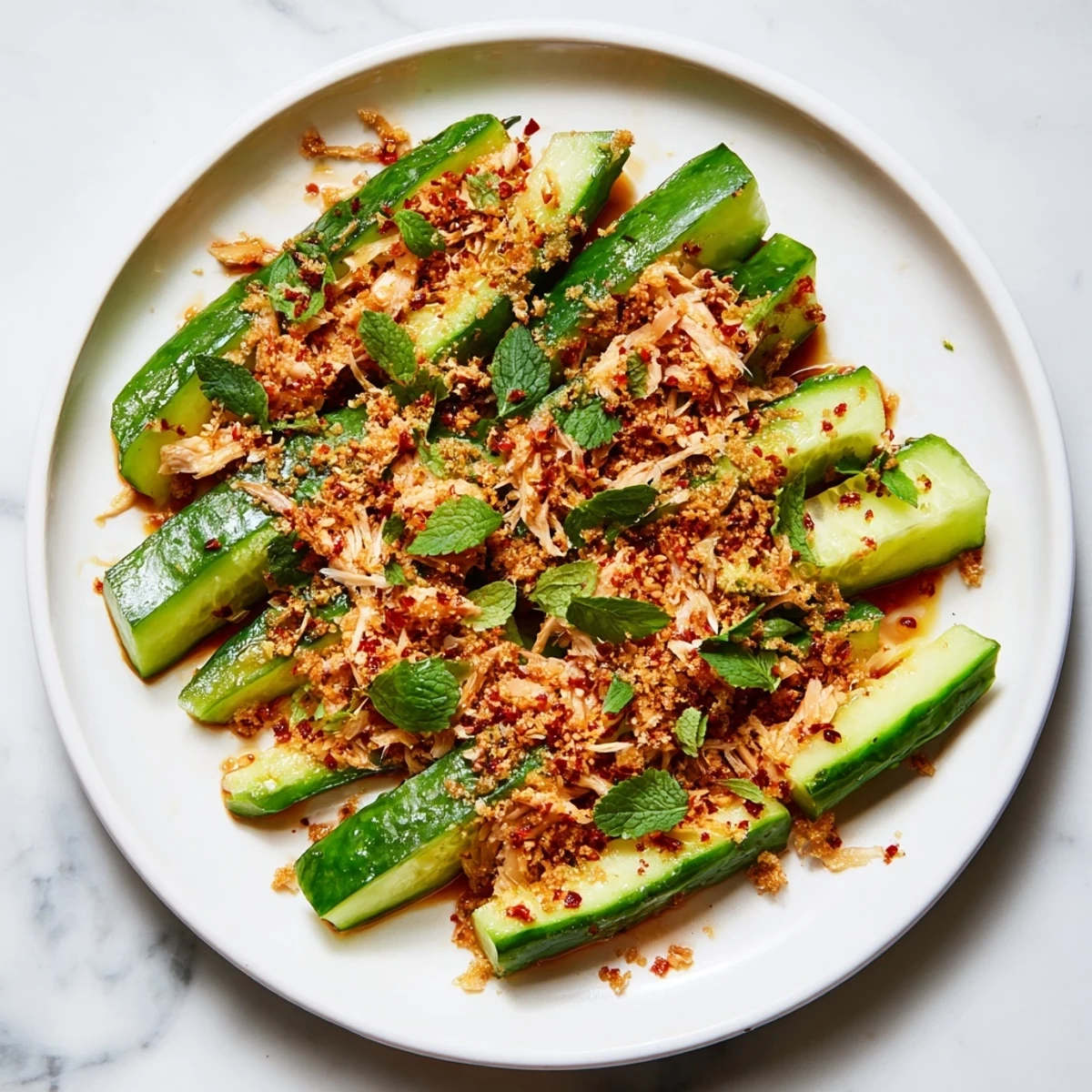 Vibrant whole cucumber Logan salad with smashed cucumbers, chili flakes, and shredded chicken.