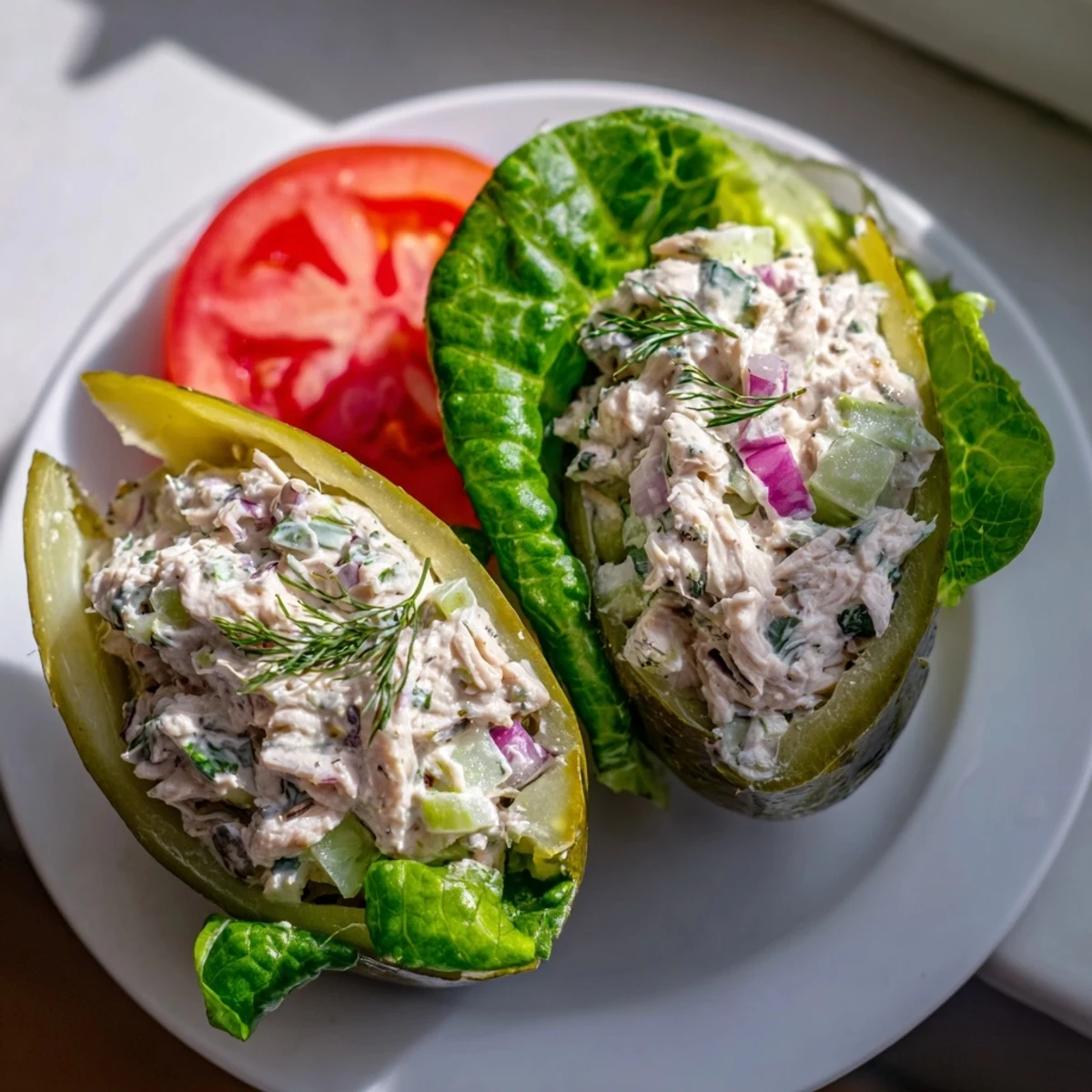 Golden-brown chicken salad spills from a crisp pickle sandwich, a perfect low-carb lunch.
