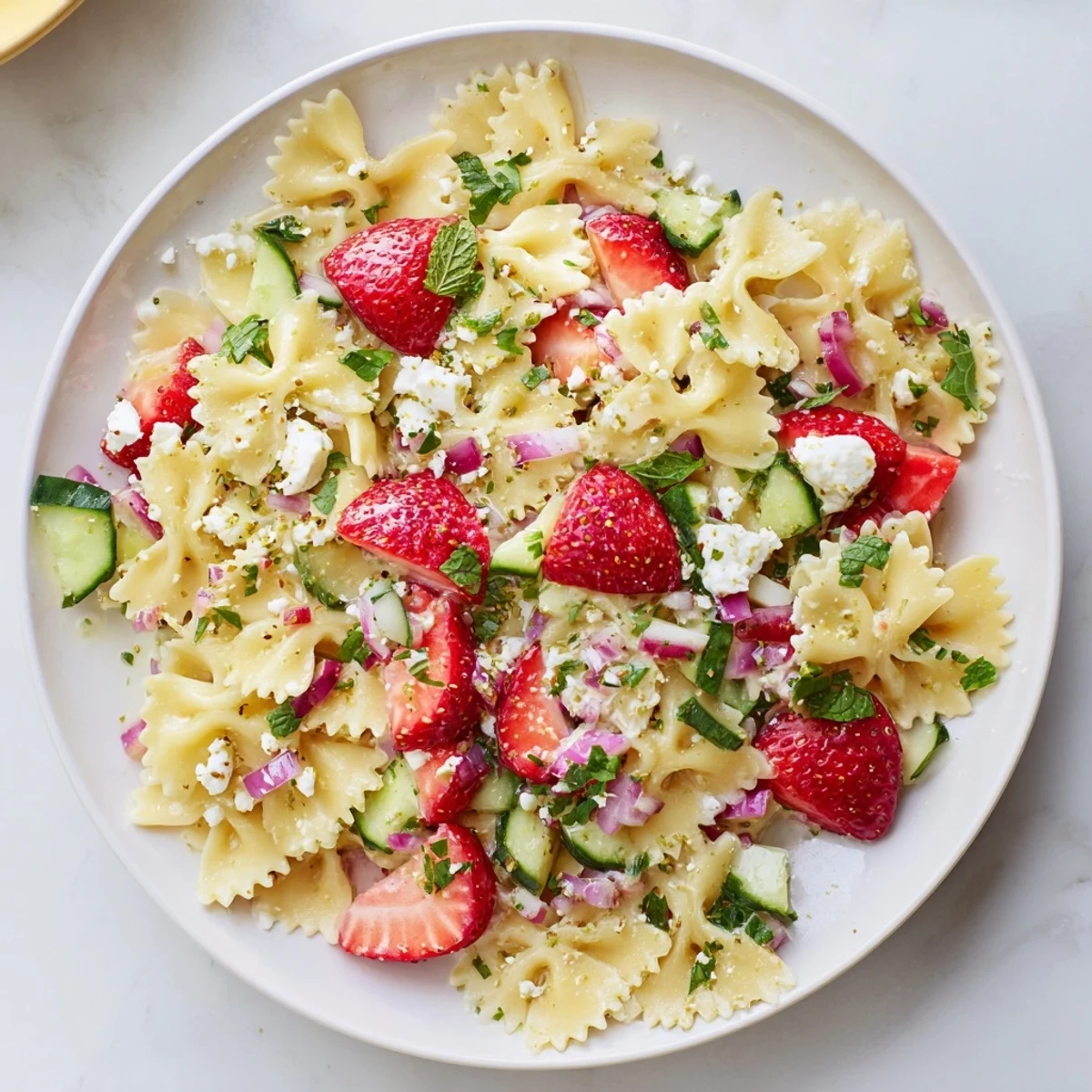 Bright, vibrant image: A bowl of Strawberry Feta Pasta, fresh and ready to eat cold.