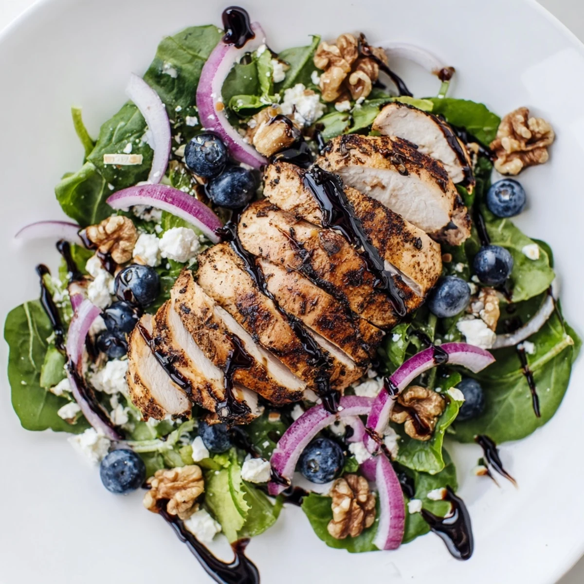 Ein Teller mit buntem Blaubeer Ziegenkäse Hühnchen Salat, perfekt für ein leichtes Mittagessen.
