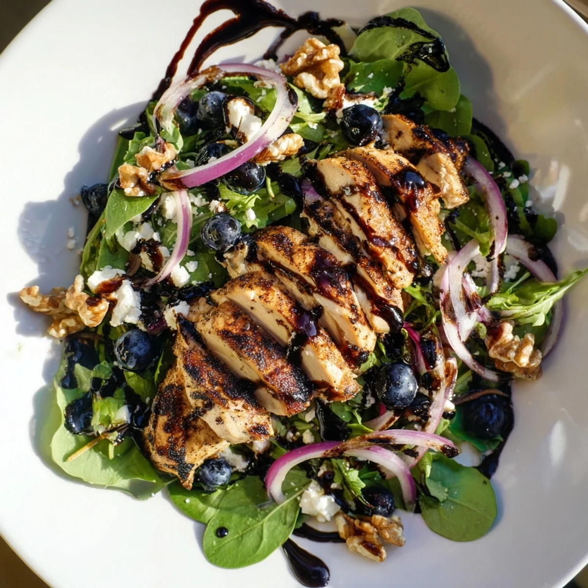 Nahaufnahme von frisch zubereitetem Blaubeer Ziegenkäse Hühnchen Salat, kurz vor dem Servieren, mit Balsamico-Glasur.