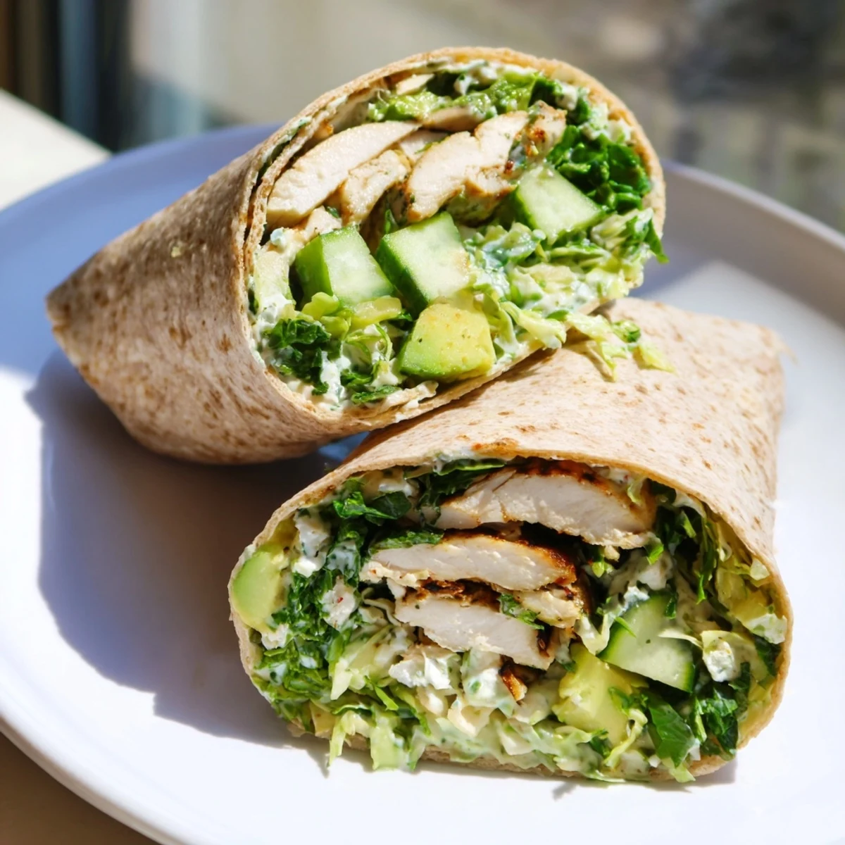 Green Goddess Chicken Wraps: Grilled chicken nestled in a colorful, crisp cabbage salad filling a wrap.