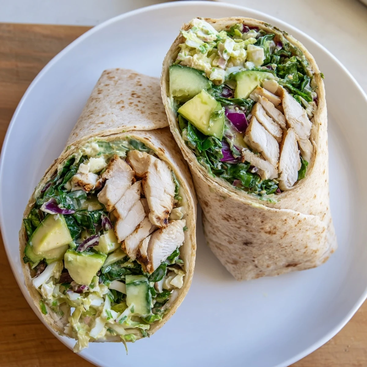 Close-up of a delicious Green Goddess Chicken Wrap layered with grilled chicken and crunchy salad.