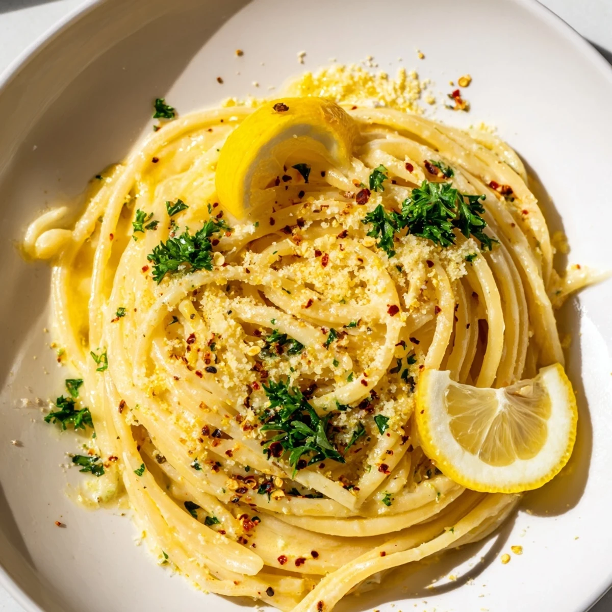 Creamy Lemon-Garlic Greek Yogurt Pasta, ready to serve with fresh parsley and Parmesan cheese.