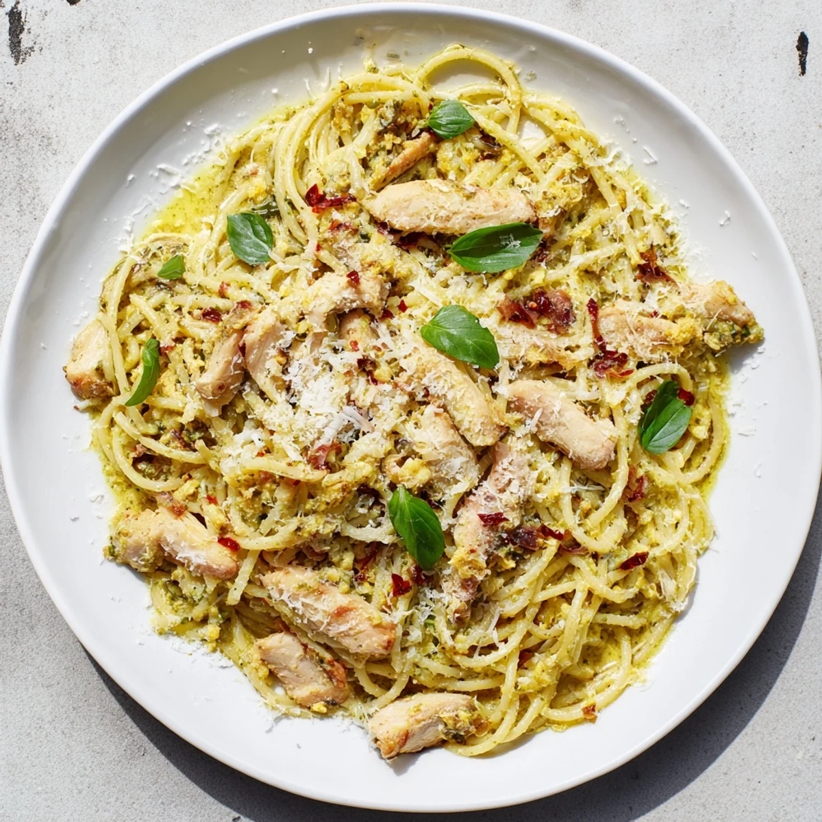 A close-up of steaming Pesto Egg and Chicken Pasta with fresh basil and Parmesan cheese.
