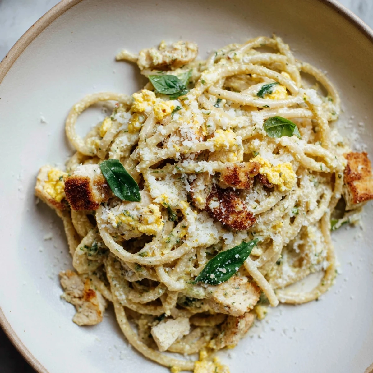 Golden-brown chicken and creamy pesto-egg sauce coating the delicious Pesto Egg and Chicken Pasta.