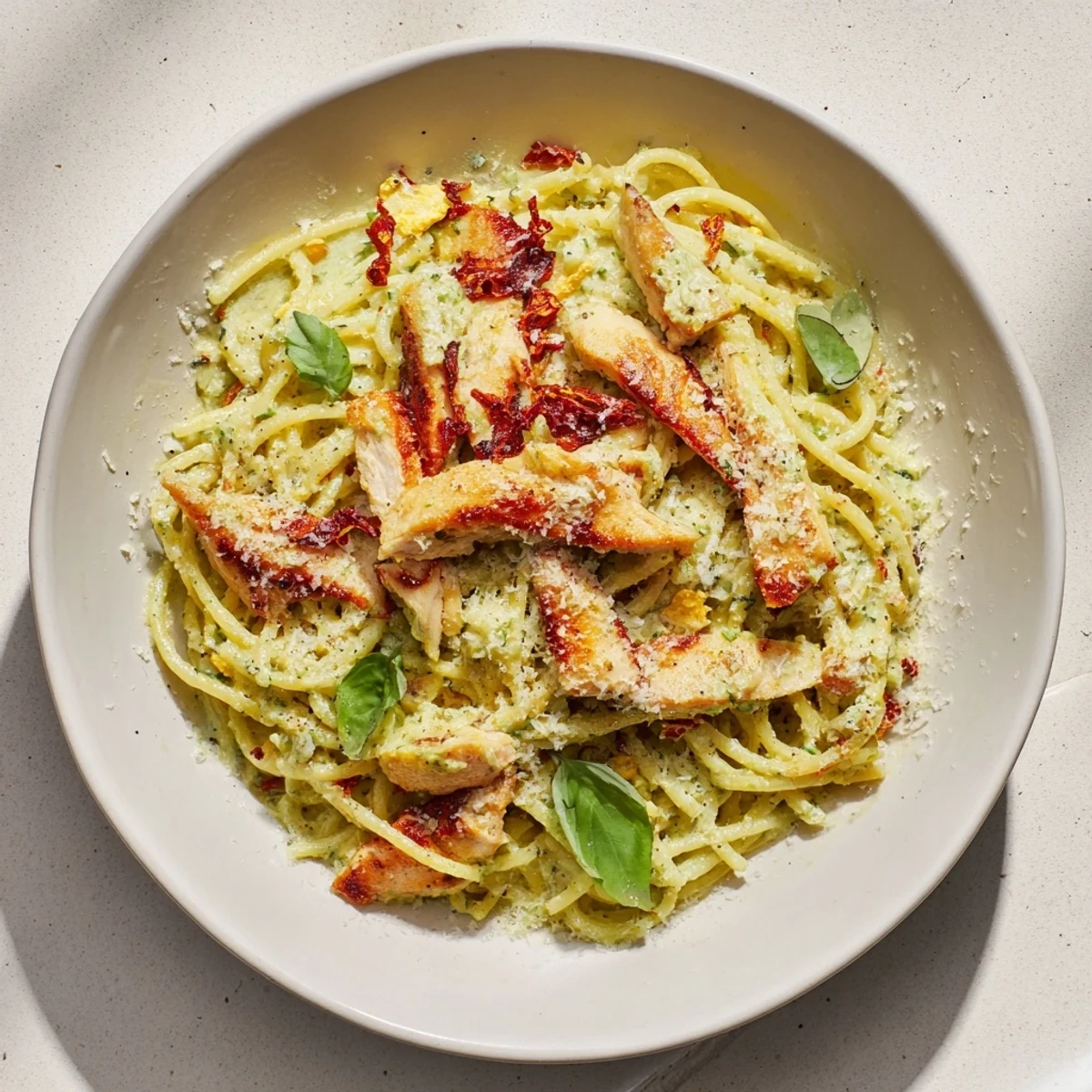 Enjoy a comforting bowl of Pesto Egg and Chicken Pasta, ready in under 35 minutes!