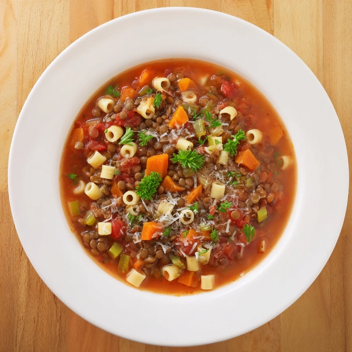 Hearty bowl of ditalini and lentil soup, a steaming Italian vegetarian meal with fresh parsley garnish.