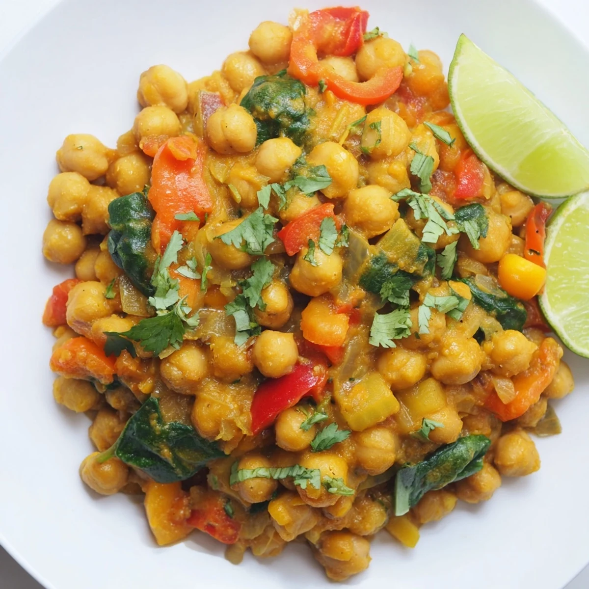 Aromatic chickpea curry, a vibrant, one-pot dish, garnished with fresh cilantro and lime wedges.