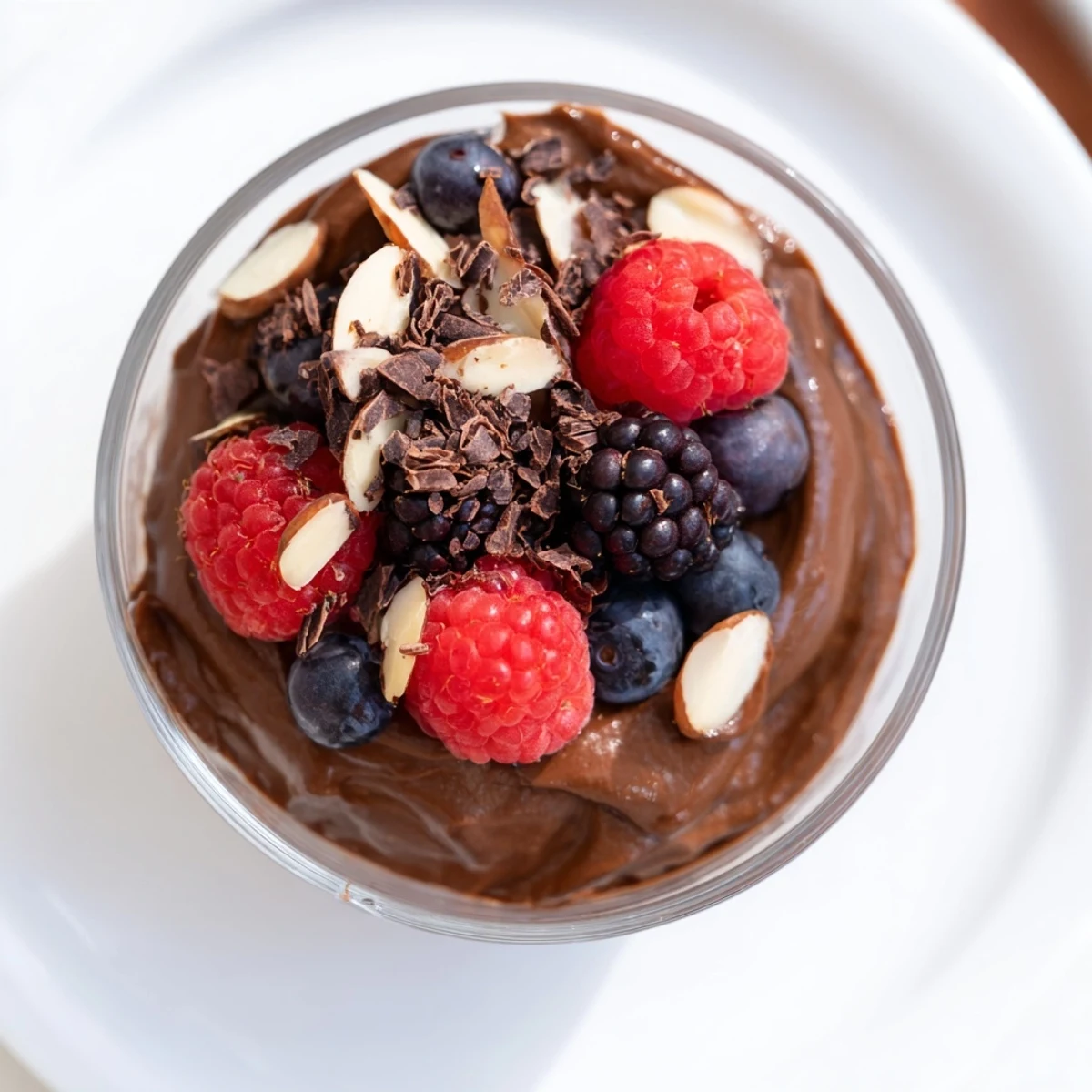 Silky-smooth chocolate avocado mousse in a glass, with shaved dark chocolate and toasted almonds.