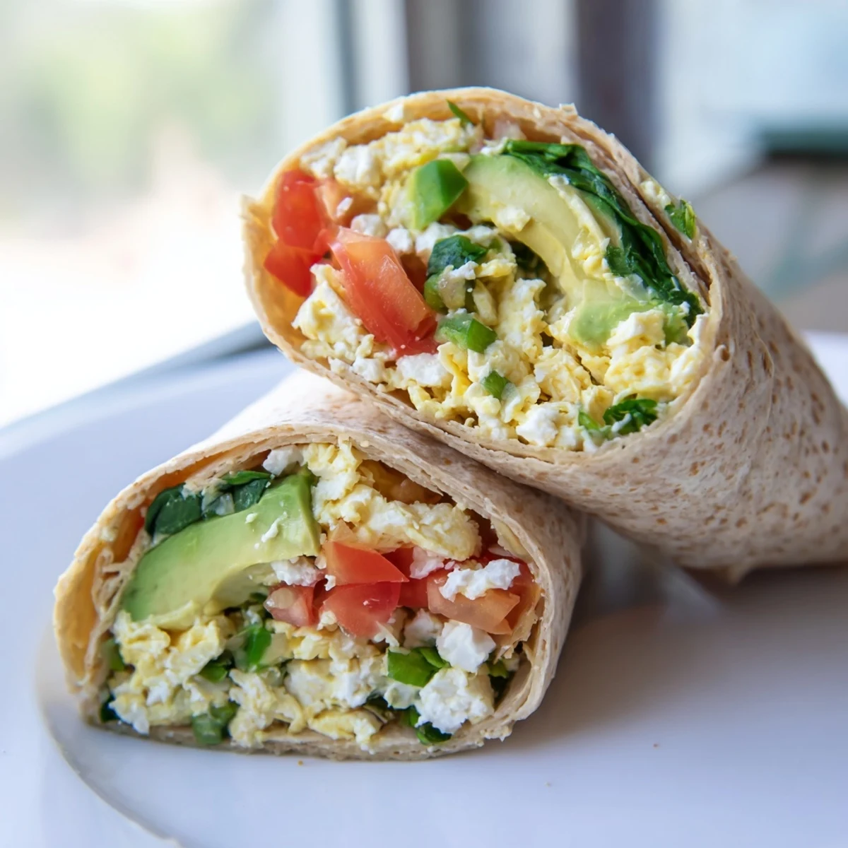 A warm Feta Egg Wrap, showing the creamy feta and colorful veggies inside the whole wheat wrap.
