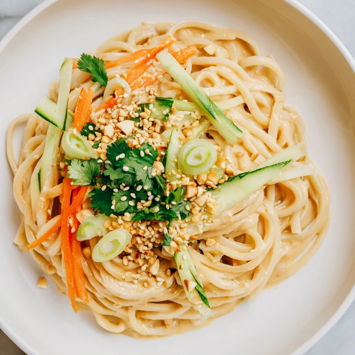 A vibrant bowl of cold sesame noodles, boasting glistening sauce and crunchy toppings.