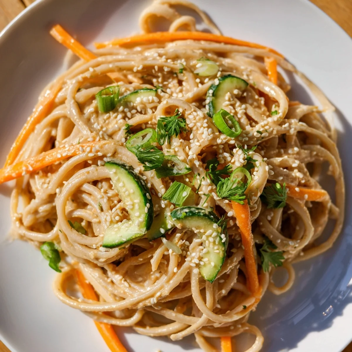 Enjoy a refreshing plate of cold sesame noodles, a flavorful Asian-inspired vegetarian dish.