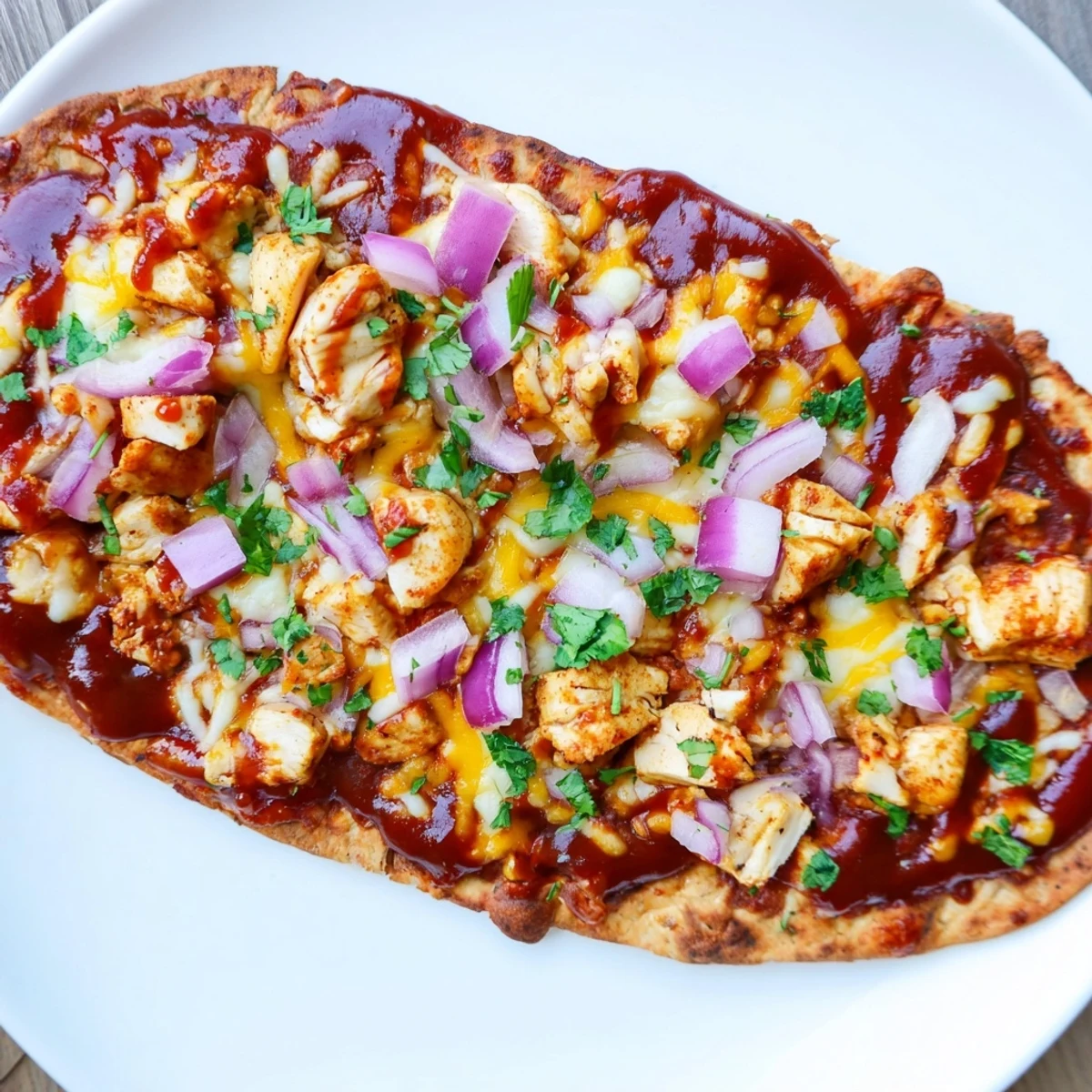 BBQ Chicken Flatbread, with melted cheese and fresh cilantro, looks delicious and ready to eat.