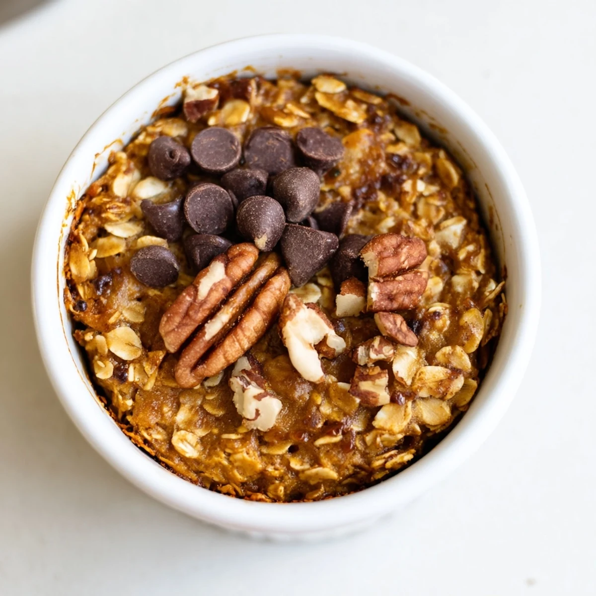 Creamy Pumpkin Spice Baked Oats, presented warmly with optional pecan and chocolate chip toppings.