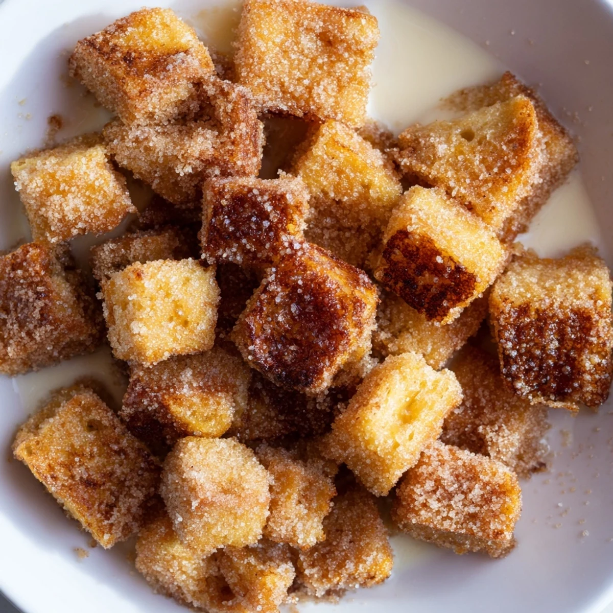 Golden mini French Toast Cereal, crunchy and sweet, perfect for a cozy breakfast with milk.