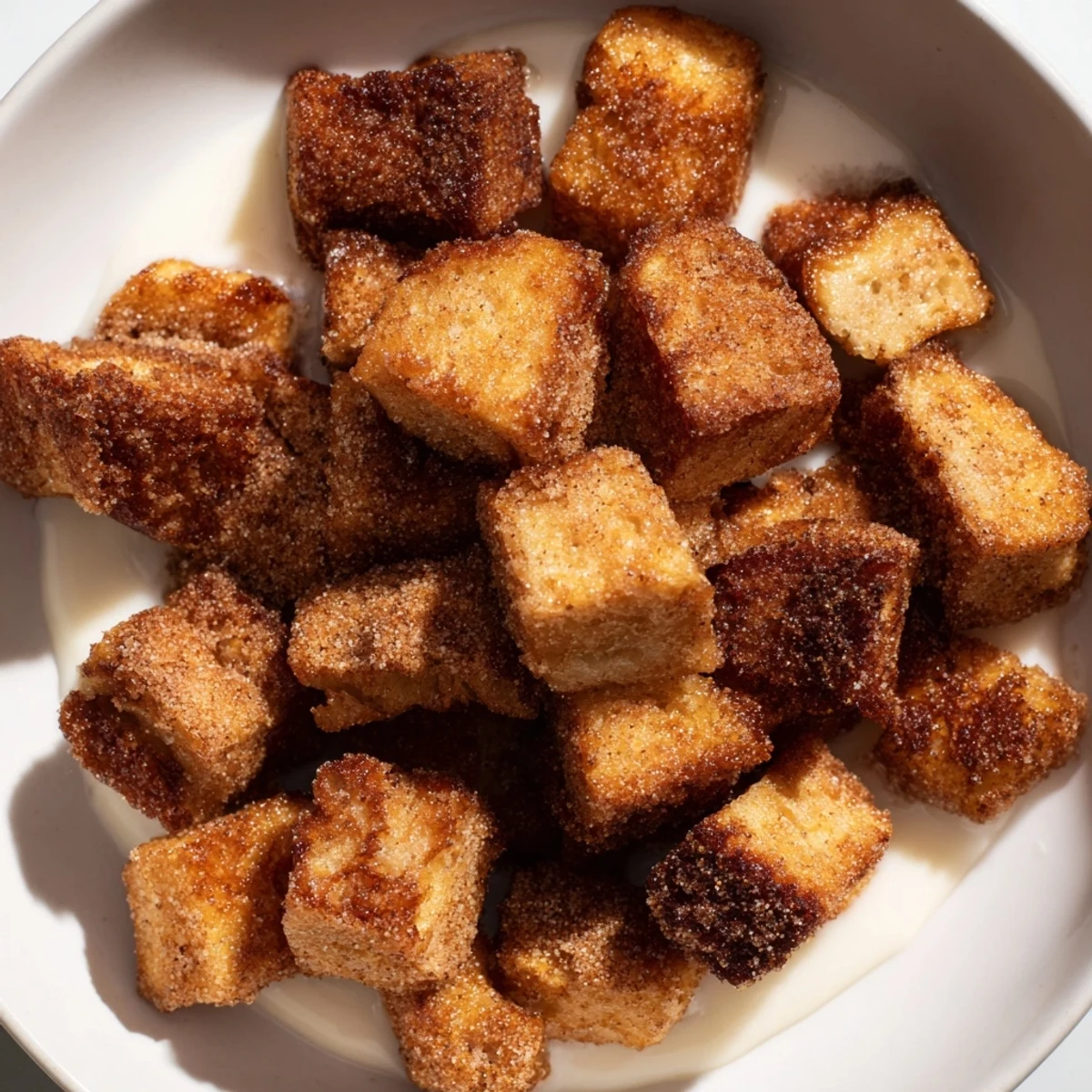 Delicious French Toast Cereal, tiny bread bites, golden and ready to be enjoyed with a drizzle of syrup.