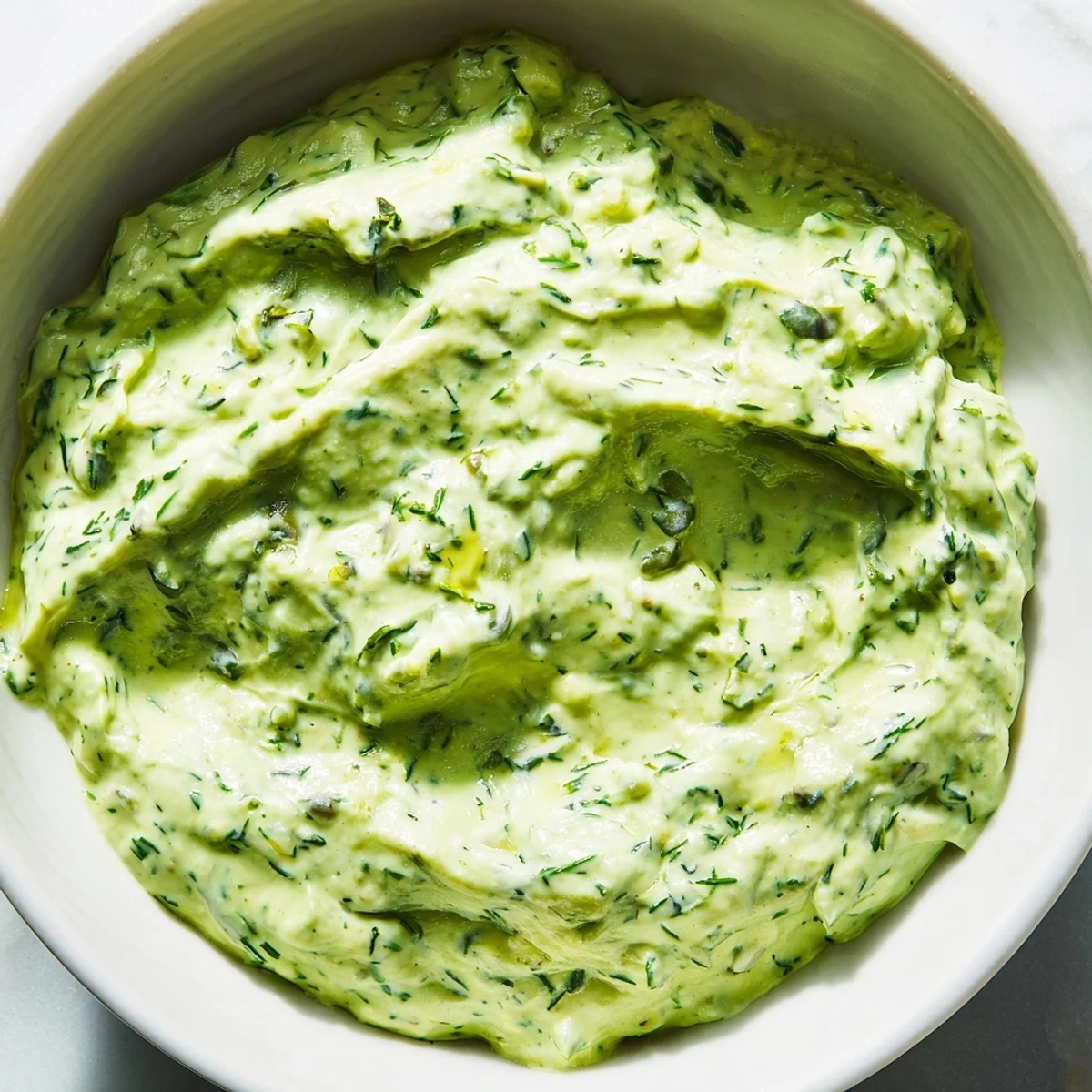 Bright green Green Goddess Dip, ready to be scooped up with tortilla chips for a zesty appetizer.