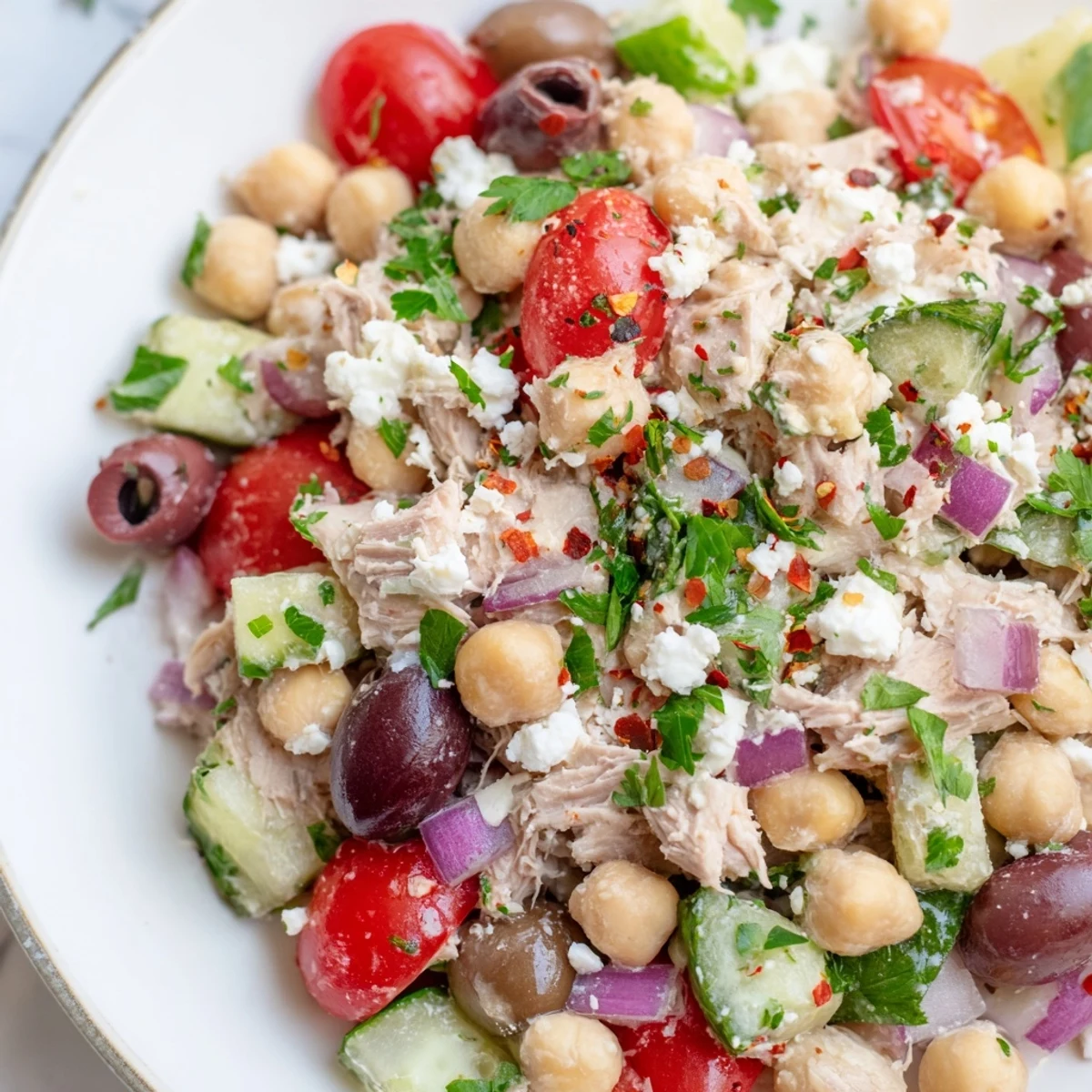 Tuna Chickpea Salad – a colorful bowl showcasing chickpeas, tuna, and fresh vegetables, ready to eat.