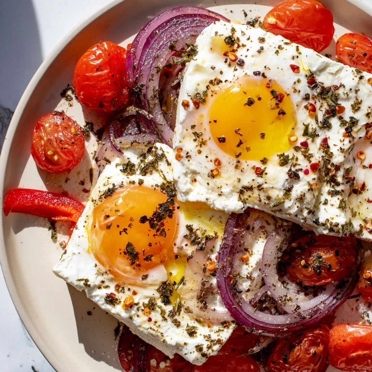 Rich, Mediterranean Baked Feta & Eggs: A close-up of a bubbling, cheesy tomato egg bake.