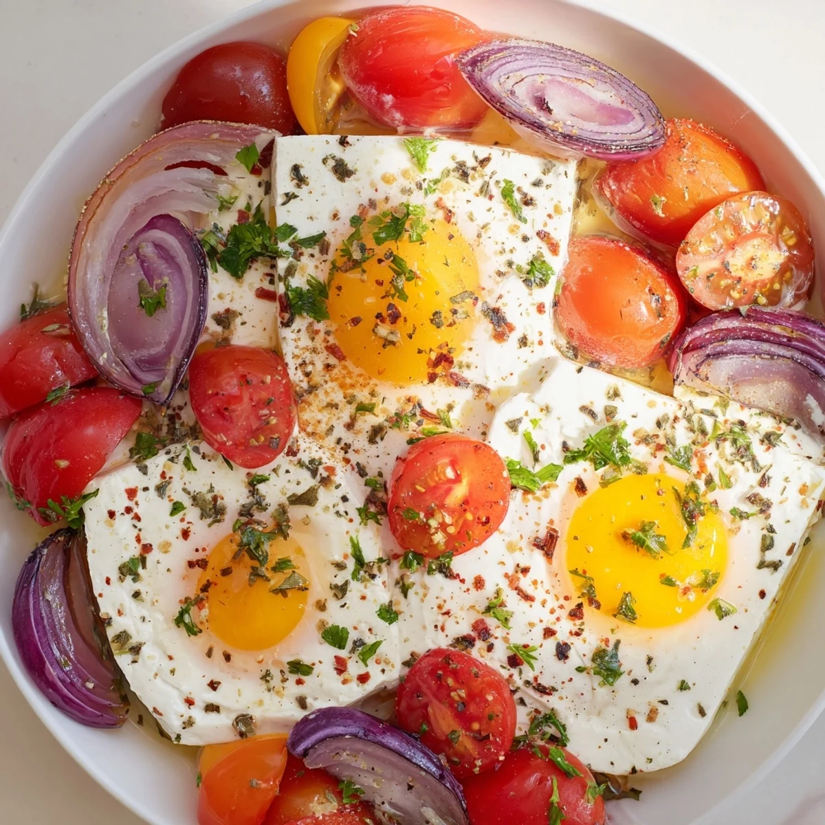 Savory baked Mediterranean Feta & Eggs: A vibrant dish with runny yolks and fresh herbs.