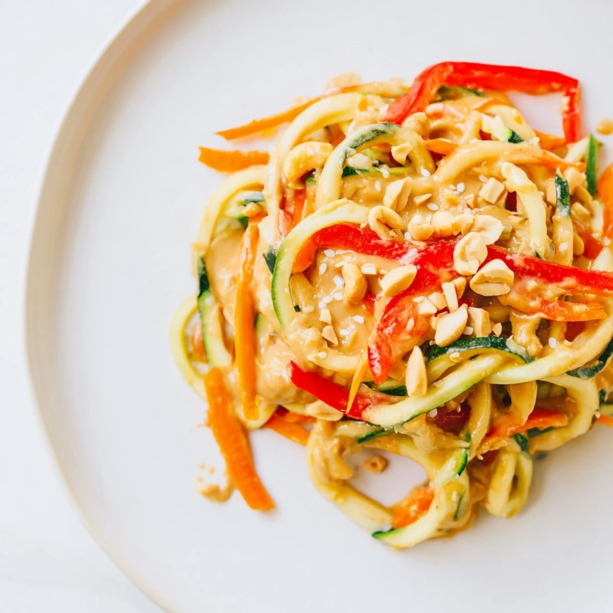 Zesty Peanut Zucchini Noodles, a colorful bowl of chilled noodles with peanuts and fresh cilantro.
