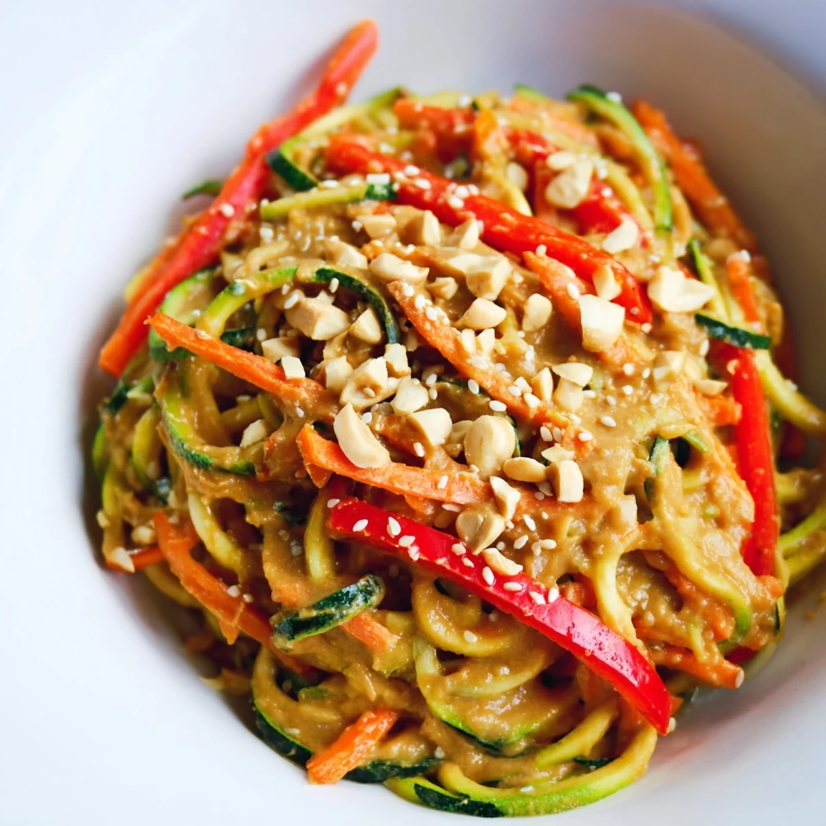 Enjoy a refreshing plate of Zesty Peanut Zucchini Noodles with peanut sauce and vibrant vegetables.