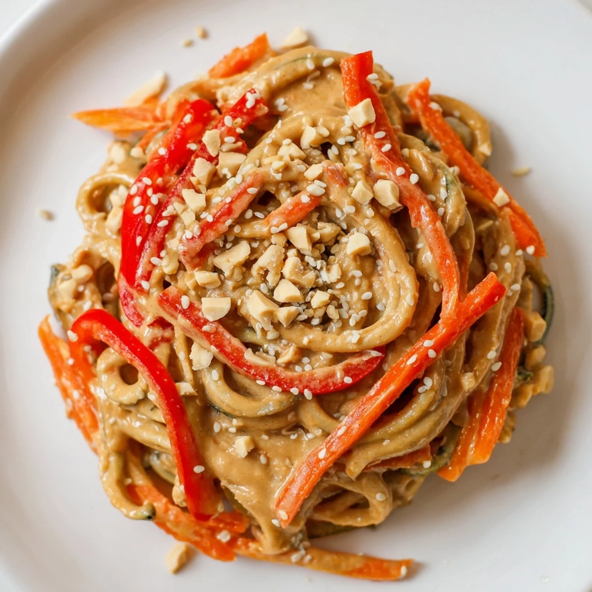 Spiralized zucchini noodles in a creamy peanut sauce: A delicious Zesty Peanut Zucchini Noodles recipe!