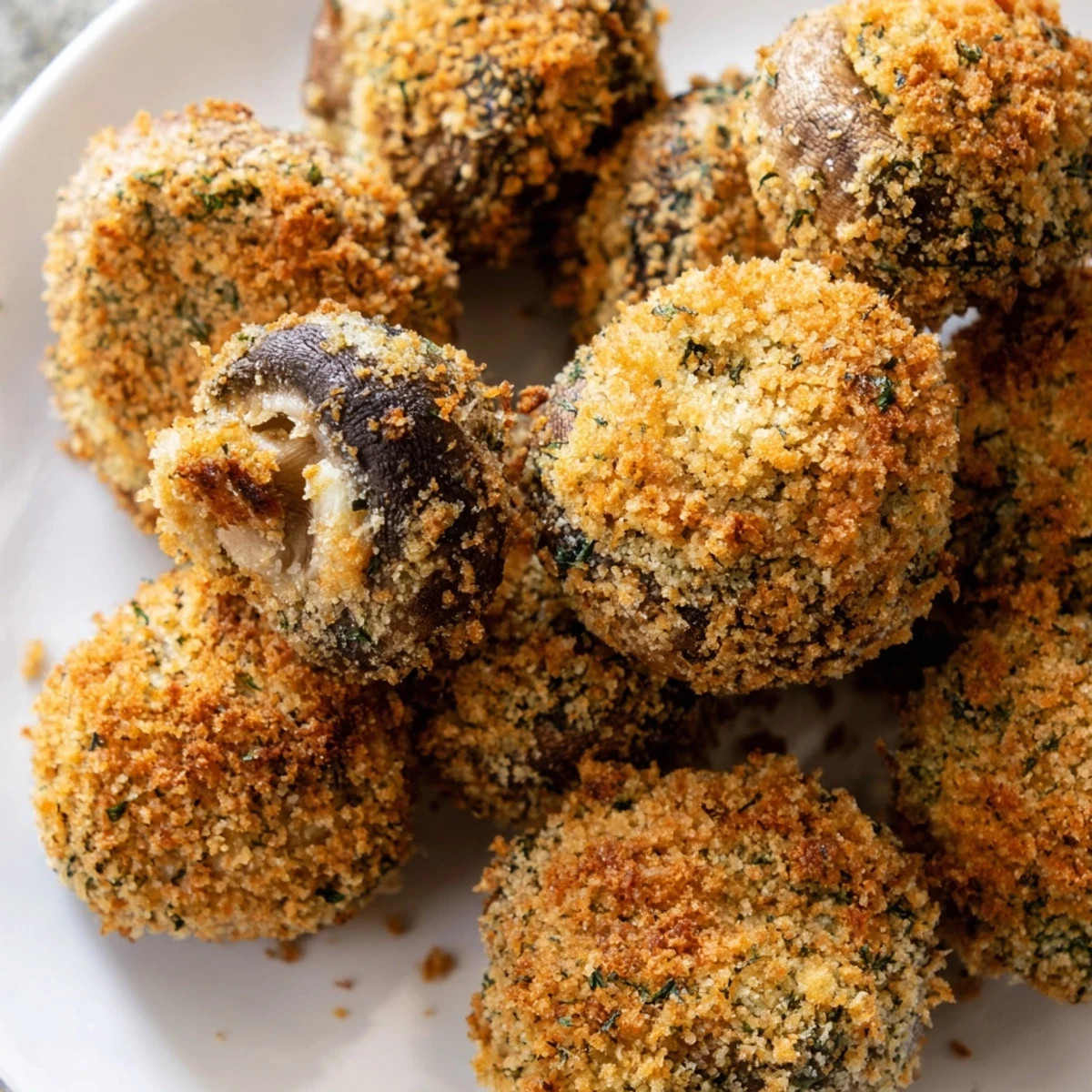Close-up of golden brown Ranch-Seasoned Crispy Mushrooms, a vegetarian snack seasoned with ranch spices.