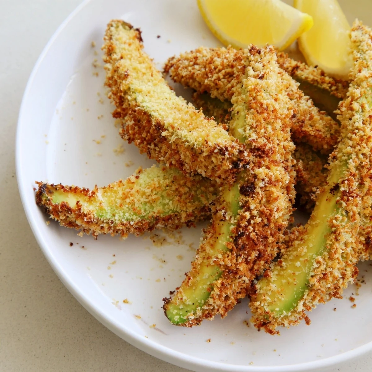 Crispy Baked Avocado Fries arranged on a baking sheet, golden brown, ready to be served with dipping sauce.