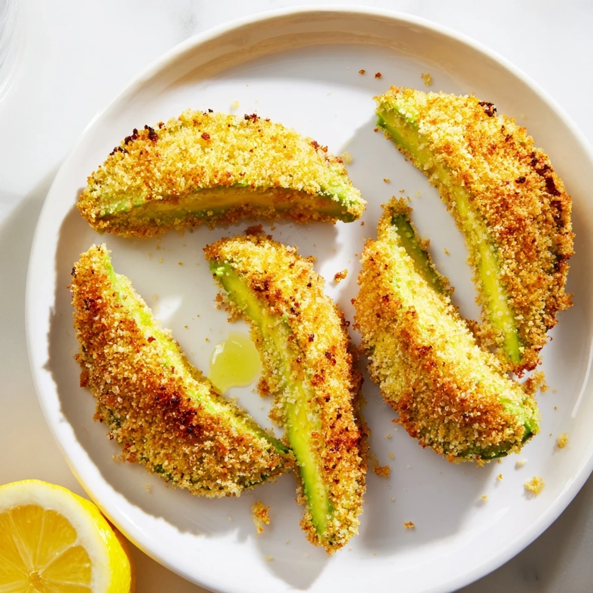 Close-up of golden, crispy baked avocado fries showing the perfectly fried exterior, an easy appetizer.
