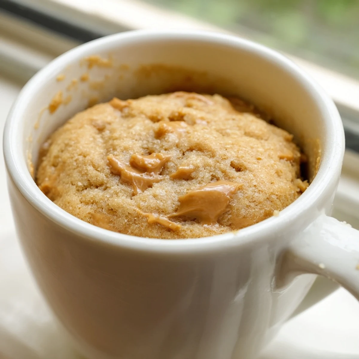Steaming-hot 2-Minute Peanut Butter Mug Cake, a perfect, comforting treat from the microwave.