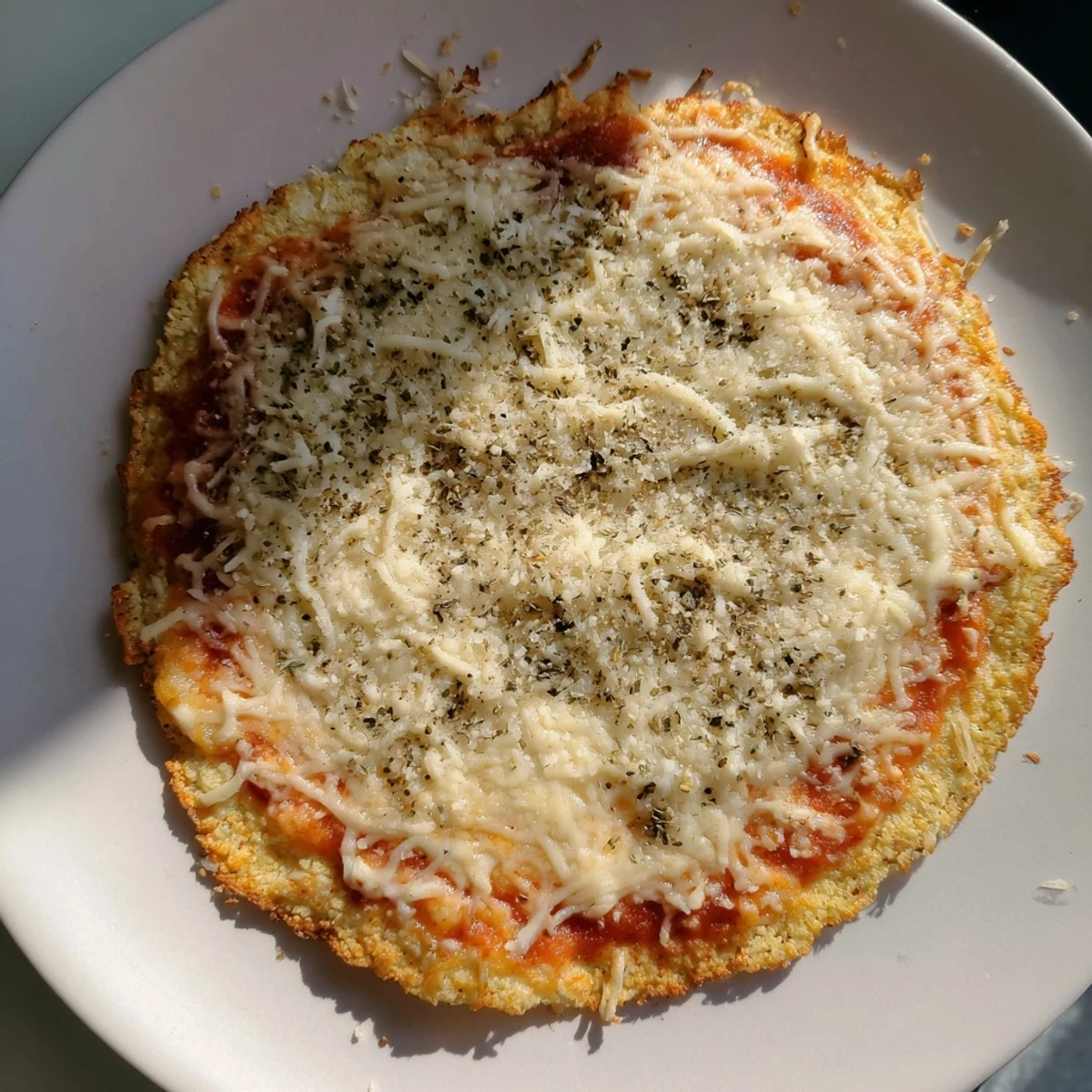 A thin, golden-brown cauliflower pizza crust ready for toppings and a delicious meal.