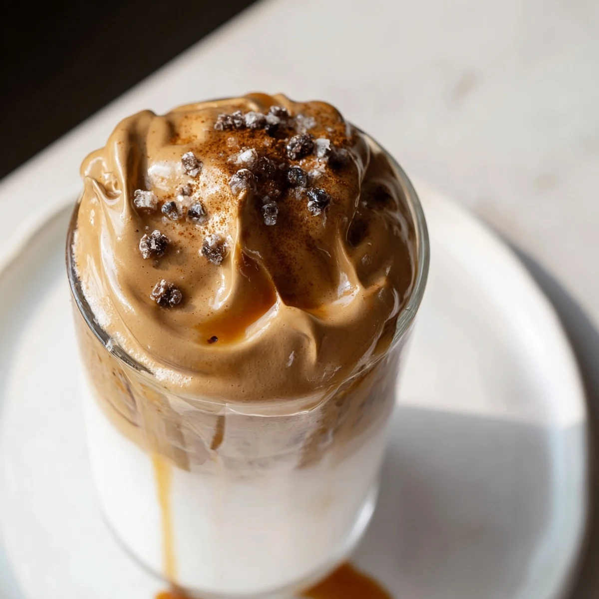 Creamy Brown Sugar Dalgona Latte: the fluffy whipped coffee floats above cool milk.
