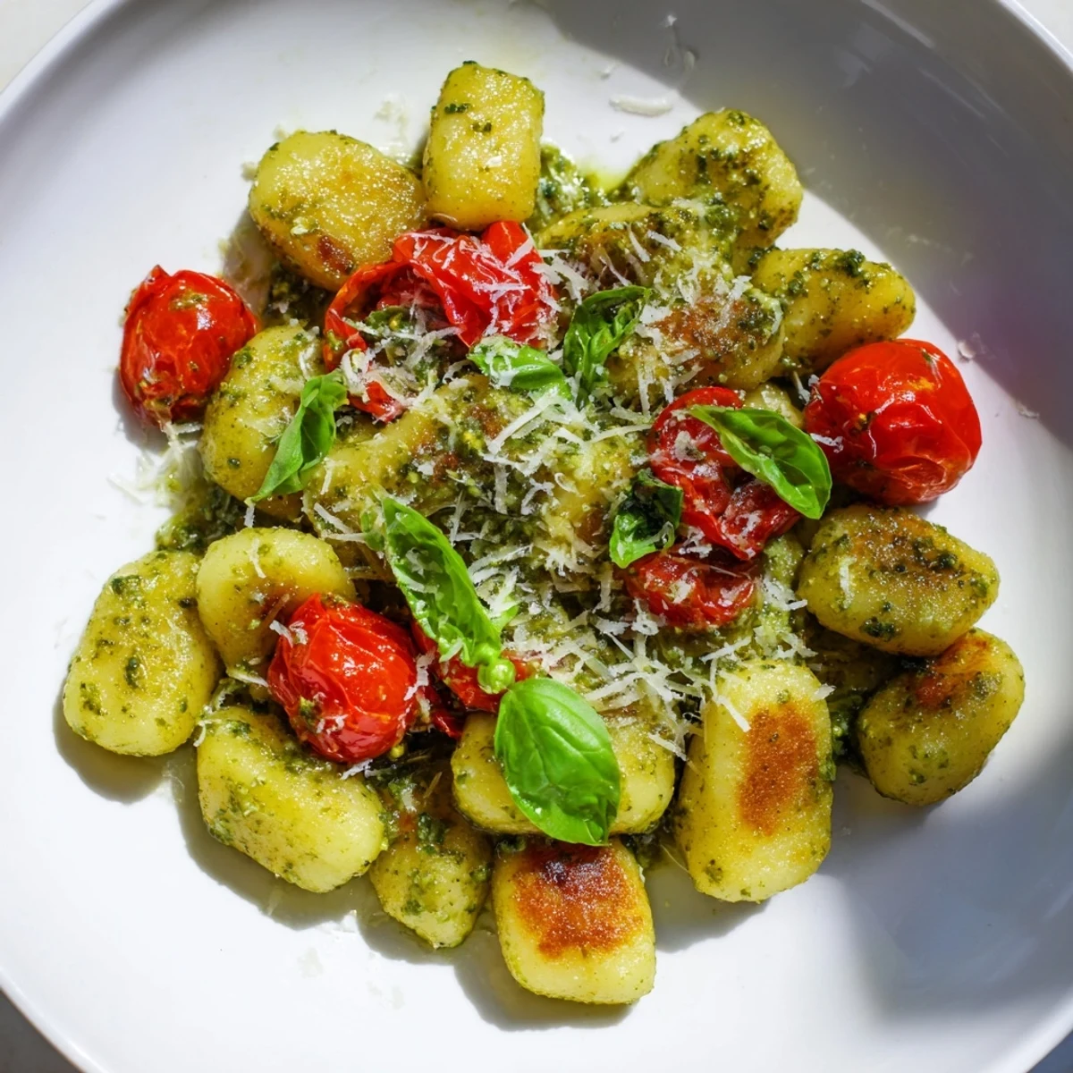 Crispy Gnocchi with Pesto: golden brown gnocchi sizzling in a pan with bright red cherry tomatoes and pesto.