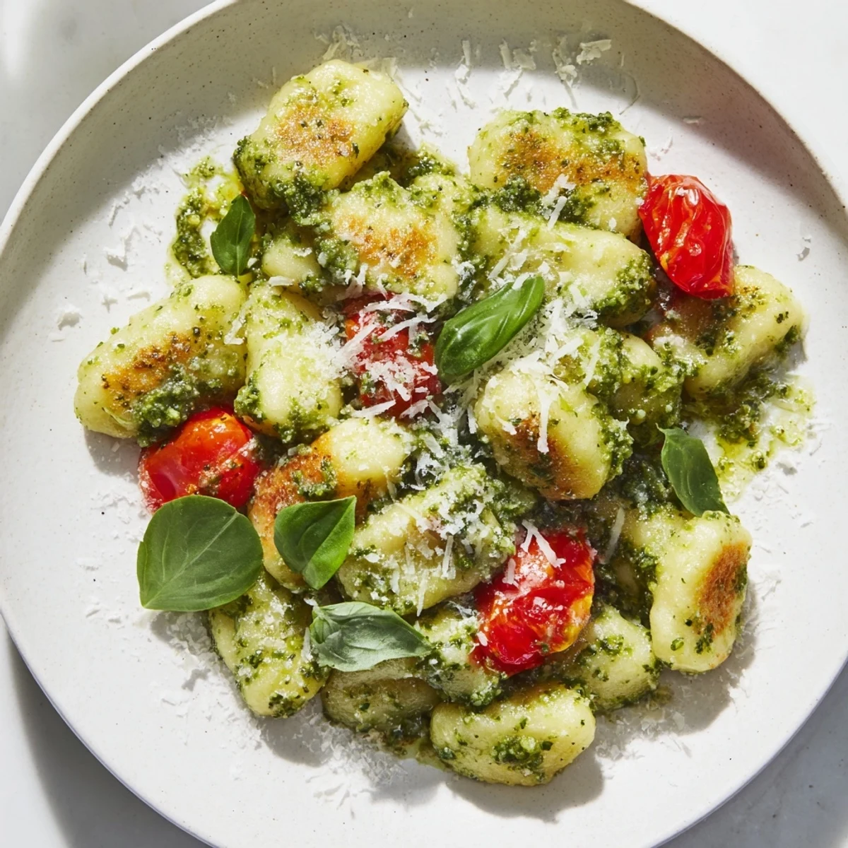 Delicious Crispy Gnocchi with Pesto, ready to serve with Parmesan cheese and fresh basil garnish for dinner.