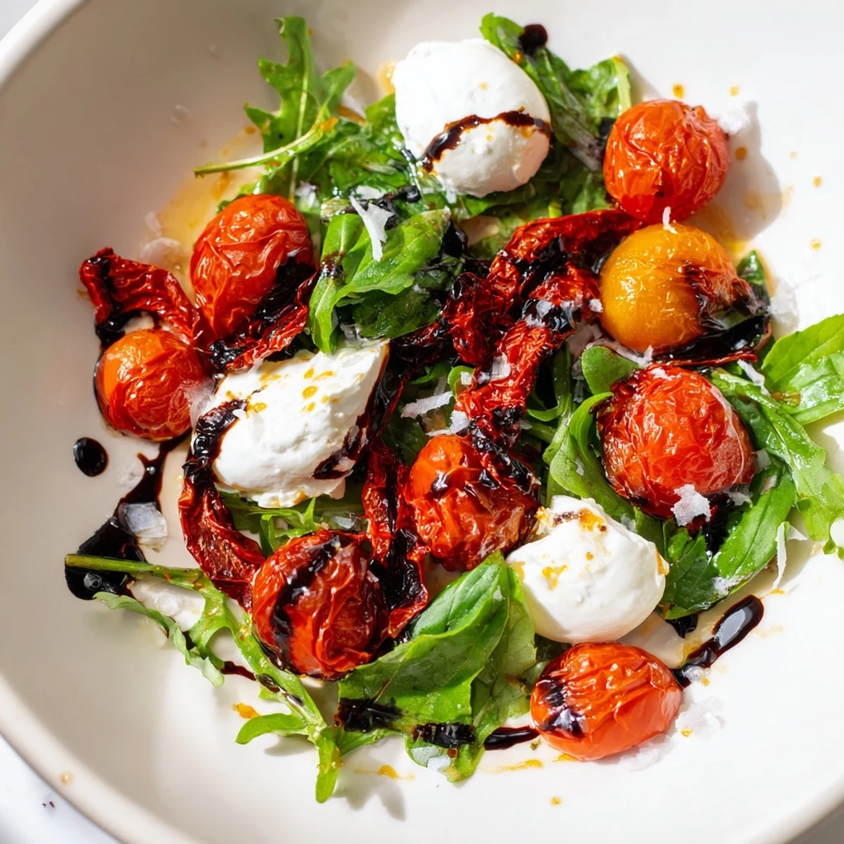 This colorful Tomato Flight Salad features burrata, basil, and a delicious balsamic dressing.