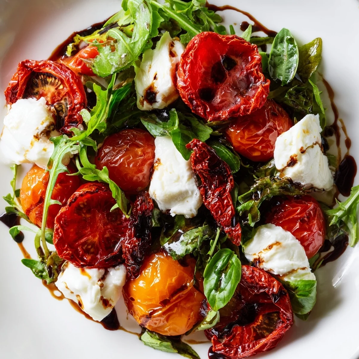 A photo shows a vibrant Tomato Flight Salad with fresh and roasted tomatoes.