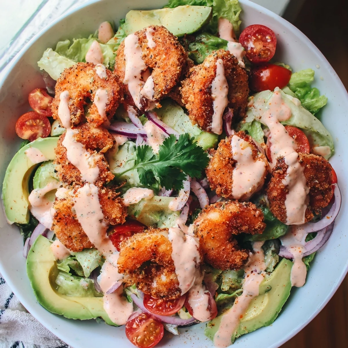Crispy golden shrimp atop a vibrant Spicy Crispy Shrimp Salad, ready to be enjoyed with the zesty dressing.