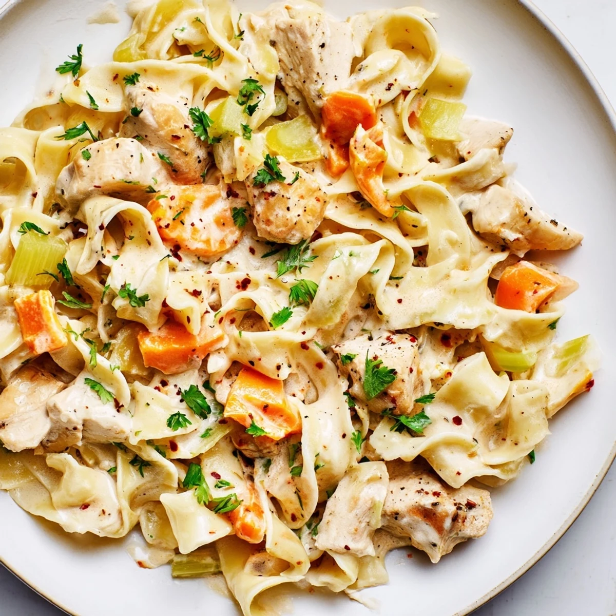 Tender pieces of chicken and egg noodles in a rich, creamy Creamy Chicken and Egg Noodles sauce.