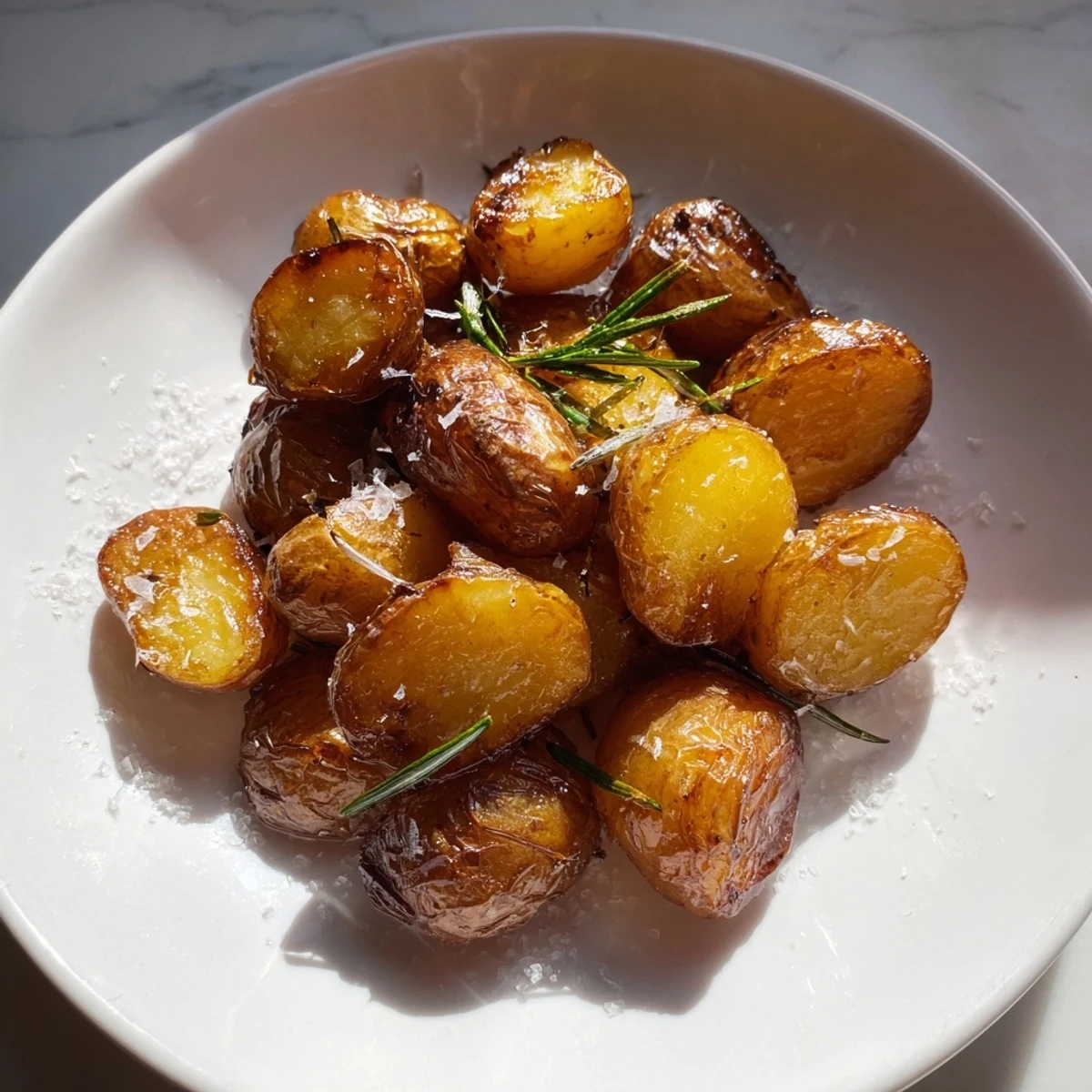 Homemade Beef Tallow Roasted Potatoes, seasoned with herbs, await their place on the table.