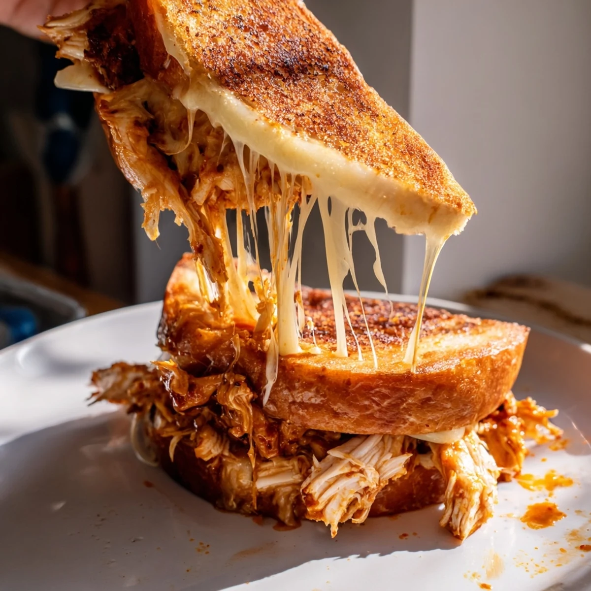 This recipe photo shows a close-up picture of the flavorful Chili Crisp Honey Chicken Grilled Cheese, ready to eat.