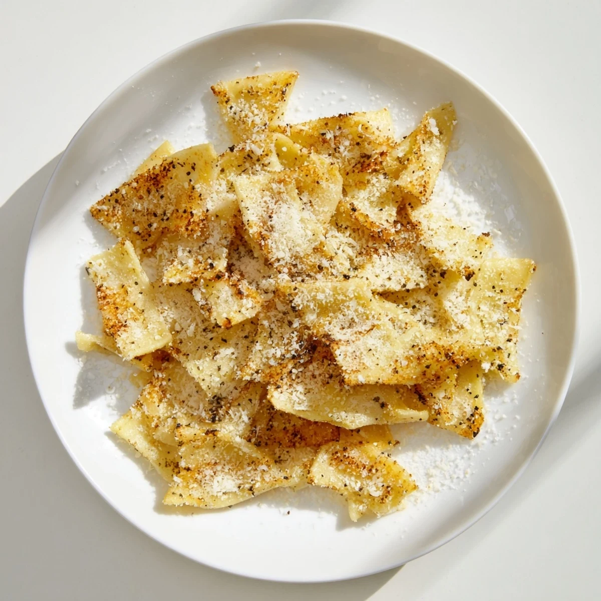 Air-fried pasta chips, tossed with Parmesan, offering a savory crunch and enticing aroma.
