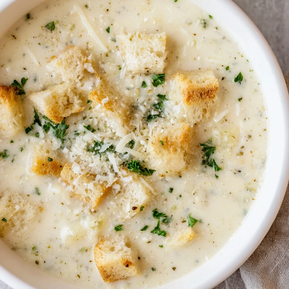 Creamy Garlic Bread Soup simmering in a pot with vegetables and herbs, inviting and aromatic.