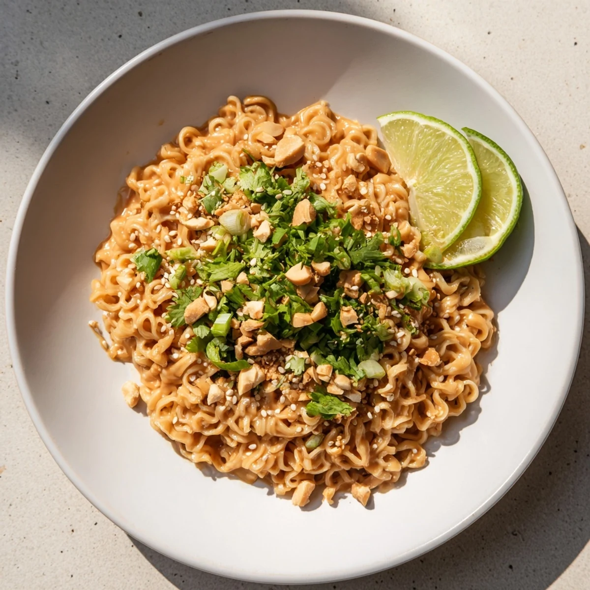 Vibrant plate of Instant Peanut Thai Sauce Noodles, a quick and delicious Thai-inspired meal creation.
