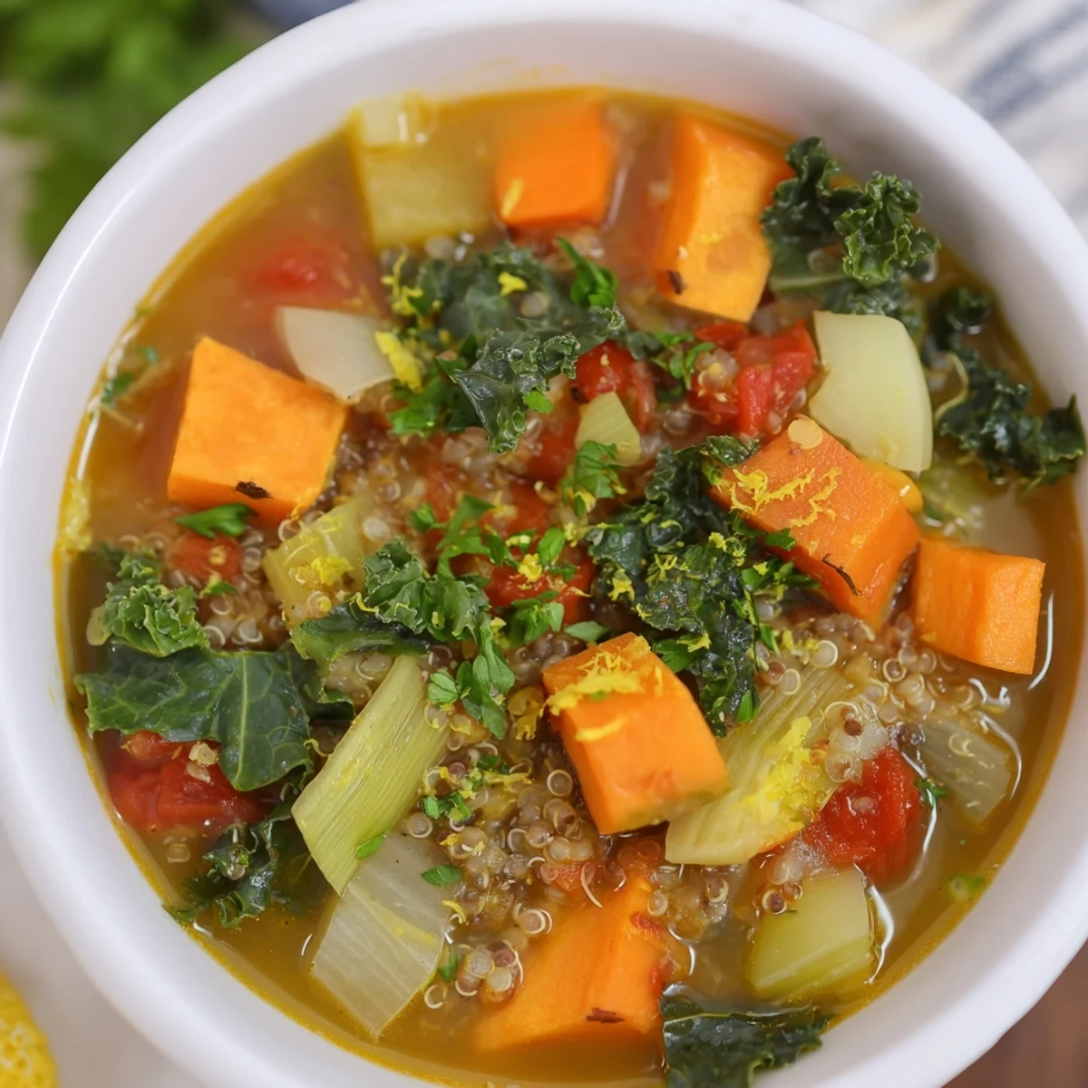 Nourishing Winter Veggie Soup, a vibrant bowl of colorful vegetables and quinoa simmering gently.