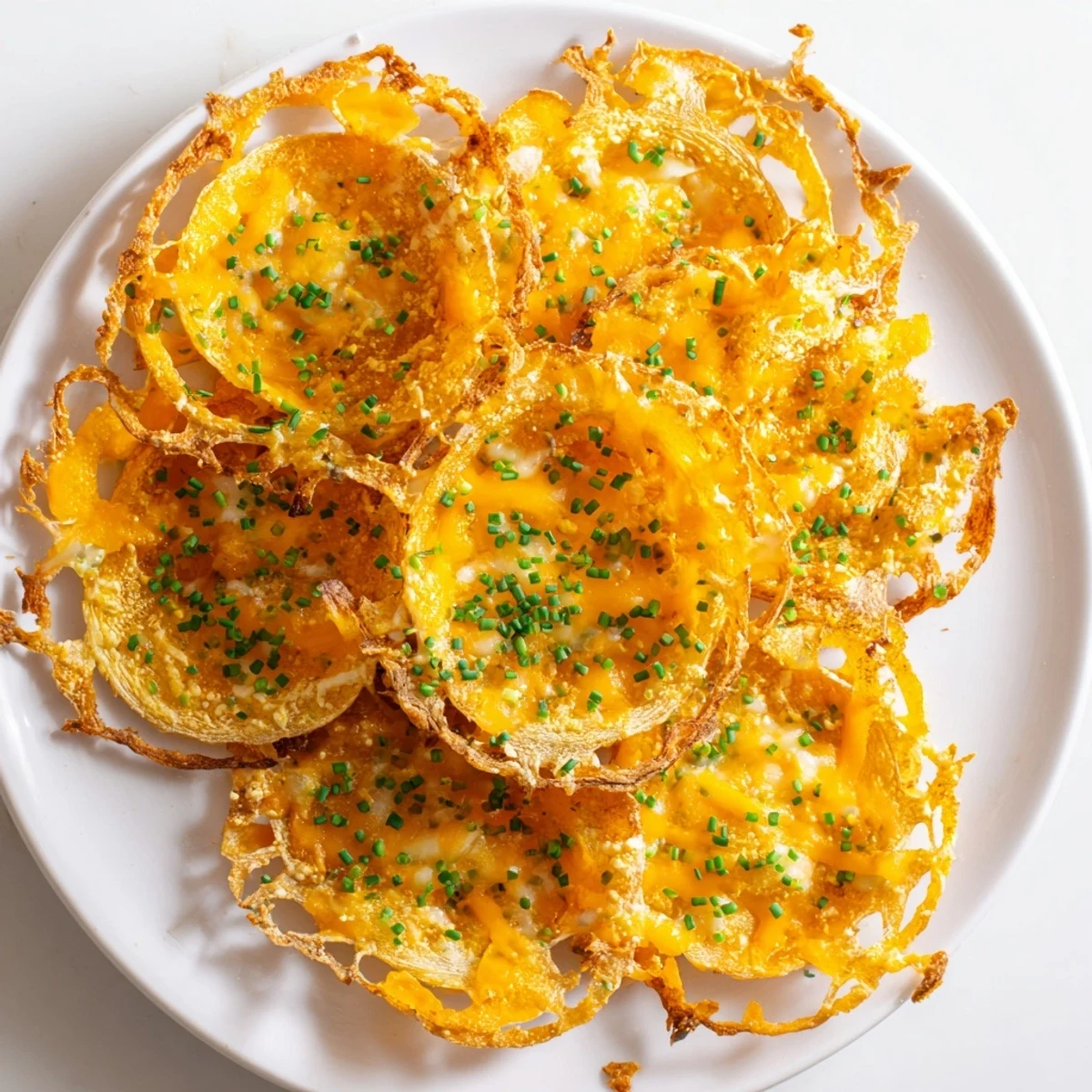 Golden and crispy Crispy Onion Cheese Chips, a low-carb appetizer, fresh from the air fryer.