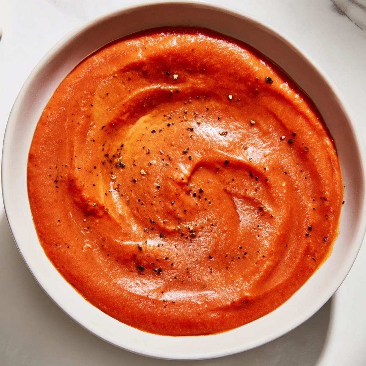 A close-up shot of the Instant Creamy Marinara Hack, swirled with herbs, ready to serve over pasta.