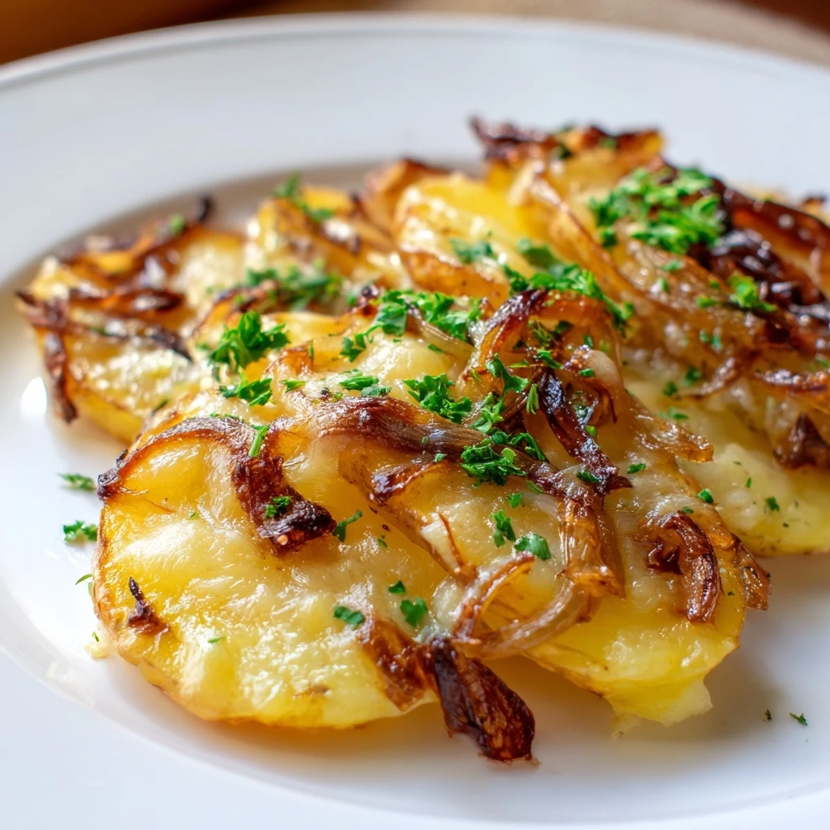 Golden French Onion Soup Potatoes bubbling with melted Gruyère cheese, a comforting baked side dish.