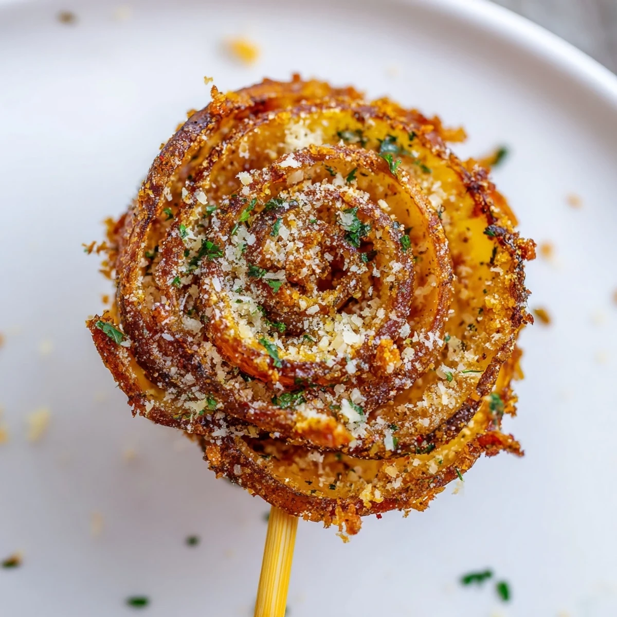 Spiralized Tornado Potatoes, oven-roasted until crispy, offering a delicious vegetarian side option.
